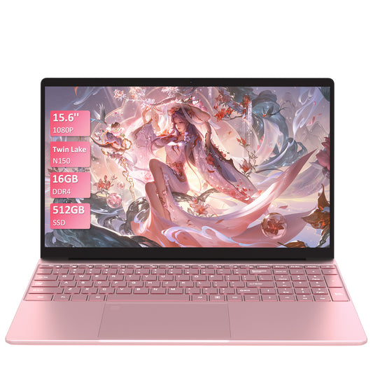 ノートパソコン MS 2019搭載「Twin Lake N150 15.6インチ 4コア/4スレッド 8000mAh大容量バッテリー DDR4 16GB 512GB M.2 SSD 最大周波数3.60GHz 軽量 ノートPC」 Win11 Pro/指紋認証/BT5/Wi-Fi5/USB3.0*2/日本語キーボードカバー付き ノートPC ピンク