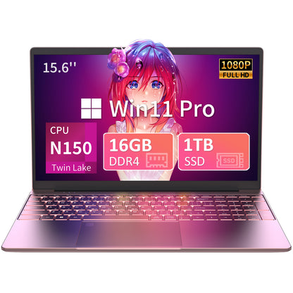 ノートパソコン MS 2019搭載「Twin Lake N150 15.6インチ 4コア/4スレッド 8000mAh大容量バッテリー DDR4 16GB 1TB M.2 SSD 最大周波数3.60GHz 軽量 ノートPC」 Win11 Pro/指紋認証/BT5/Wi-Fi5/USB3.0*2/日本語キーボードカバー付き ノートPC ピンク