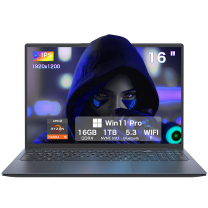 ノートパソコン Ryzen 5 7430U 16.1インチ 6C/12T 最大周波数 4.30GHz デュアルメモリ DDR4 16GB M.2 SSD 1TB【スロット*2 メモリ・SSD追加・交換可能】」 Win11 Pro/指紋認証/HDMI/BT5.3/Wi-Fi6/TYPE-C*2（全機能対応）/USB3.0*2/USB2.0/日本語キーボードカバー付き MS 2019搭載 ノート PC