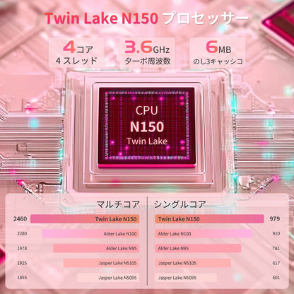 ノートパソコン MS 2019搭載「Twin Lake N150 15.6インチ 4コア/4スレッド 8000mAh大容量バッテリー DDR4 16GB 1TB M.2 SSD 最大周波数3.60GHz 軽量 ノートPC」 Win11 Pro/指紋認証/BT5/Wi-Fi5/USB3.0*2/日本語キーボードカバー付き ノートPC ピンク