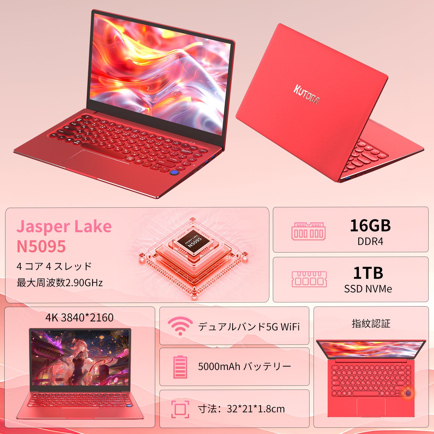 ノートパソコン MS 2019 搭載 4K液晶IPS (3840 x 2160解像度) 14型全金属｜インテル N5095 4コア/4スレッド 16GB/1TB NVMe SSD｜学生＆初心者向け｜軽量ノートPC サクサク動作｜Win 11/USB3.0/BT4.2/Wi-Fi5｜日本語キーボードカバー付き レッド