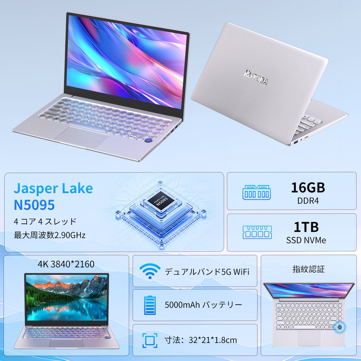 ノートパソコン MS 2019 搭載 4K液晶IPS (3840 x 2160解像度) 14型全金属｜インテル N5095 4コア/4スレッド 16GB/1TB NVMe SSD｜学生＆初心者向け｜軽量ノートPC サクサク動作｜Win 11/USB3.0/BT4.2/Wi-Fi5｜日本語キーボードカバー付き シルバー